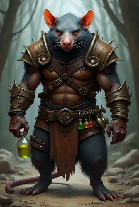 Fantasy ART. A ratfolk (ampotromorphic biped rat, like a huma) Wearing a leather armor and possessing a belt With potion, in your hand had a potion too. His face and pose are intimidating
