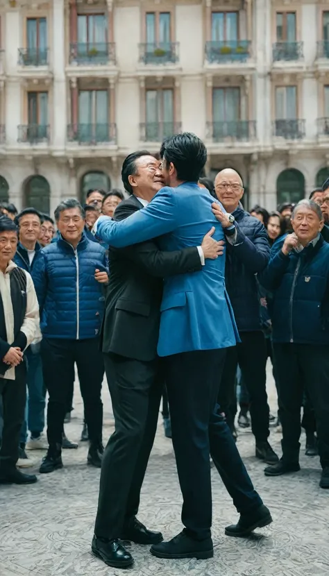 two men hugging each other in a square surrounded by ren looking