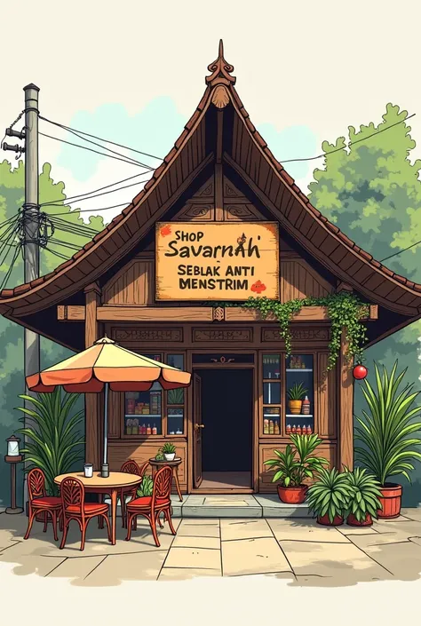 " Design a picture of a seblak dining house in the style it seems manual drawing.  Gamba shop in front of the store with the inscription  " Shop SEBLAK ANTI MENSTRIM "  is a typical Javanese but not very traditional Javanese.  Make sure the picture does no...