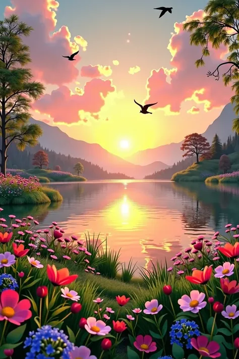 Sunrise landscape with flowers lake birds flying everything perfect 