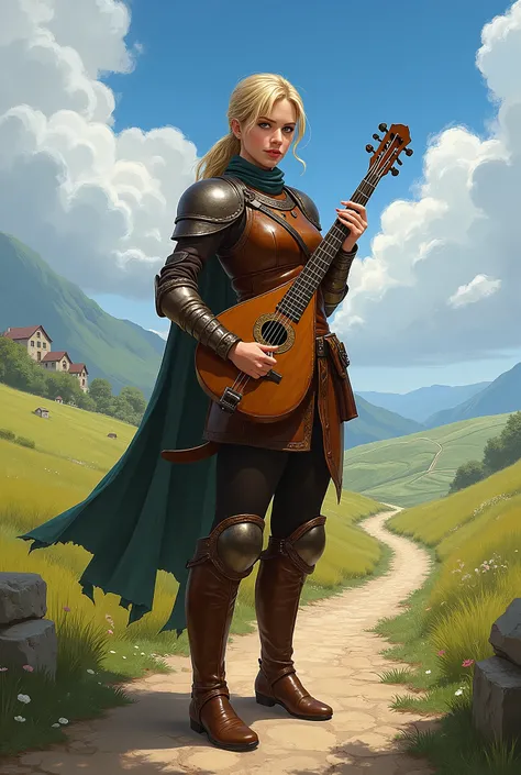 In RPG style, in style of Dungeons & Dragons, in style of fantasy painting. Full body view, looking at the viewer. image of a female bard with lute, leather armor and high leather boots, undercut hairstyle. Standing with both feet on the valley path. Irrig...