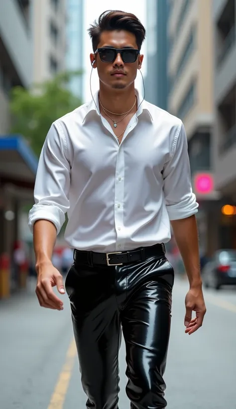 A Thai man wearing a shiny white satin shirt and shiny black PVC pants is walking down the street wearing earphones and looking confident.