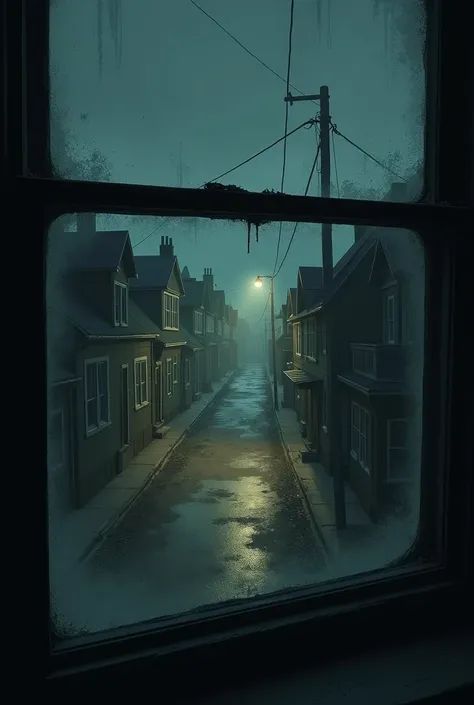 Show me the view through an upstairs dirty, smeary window. The street outside is dark, with street lights and sinister looking houses. Depressing.Poor