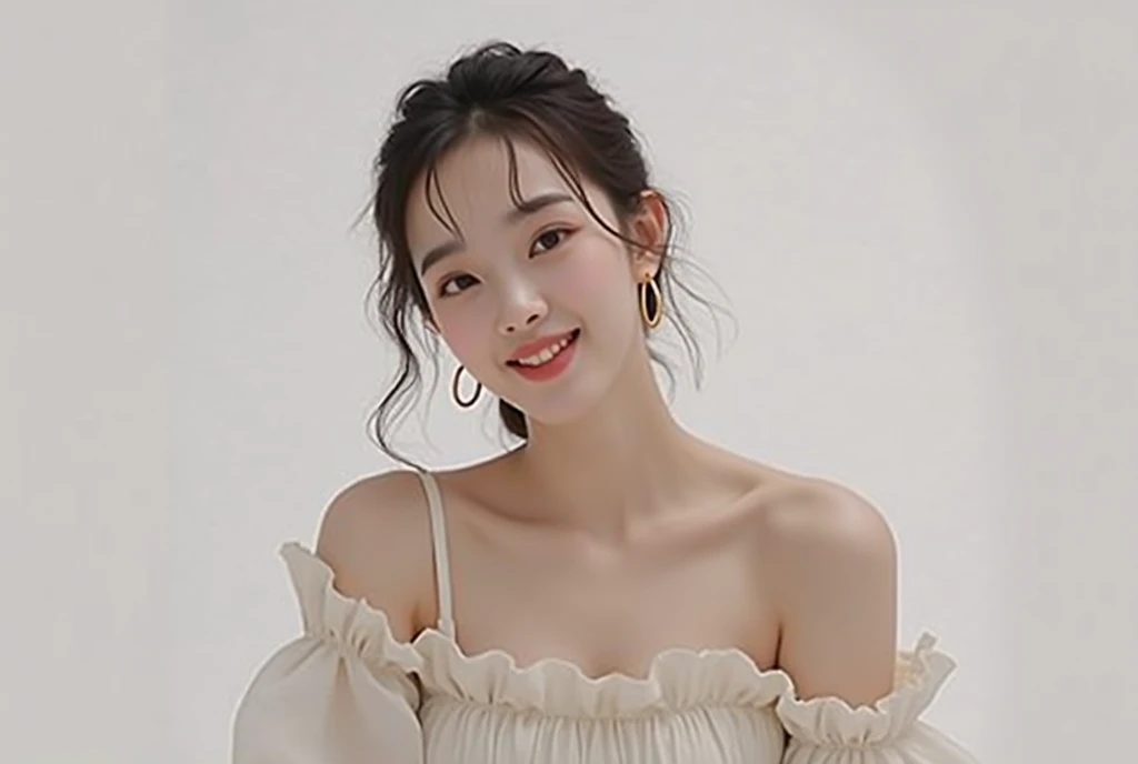  cute woman like a Korean idol small, simple hoop earrings in gold　 Tight, loose hair with slightly falling back hair 　Pink beige lips and makeup 