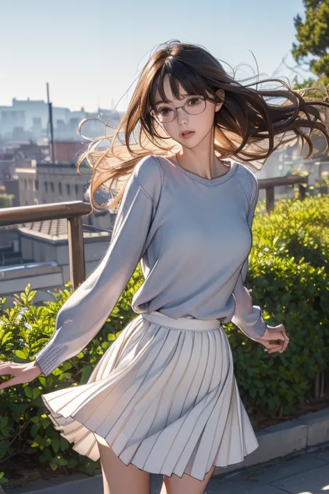 (( best quality)), ((傑 best quality、masterpiece、High sensitivity、 high definition 、詳細な描写、 Delicate Facial Description)), Slender woman、Glasses、 jumper skirt、A strong wind is blowing、Hair gets messy、 turn your skirt over 、