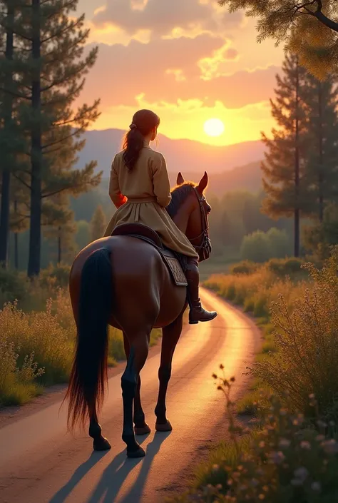 Create a realistic image of a horse with a woman riding a road behind a setting sun  