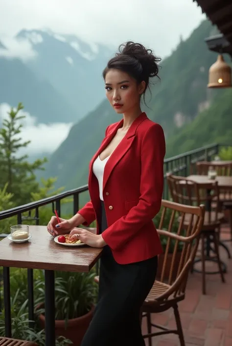 A beautiful 35-year-old sexy doll wearing a white work dress, a red suit, a black skirt on the terrace of a cafe, with mountains, fog, realistic nature, bright colors.