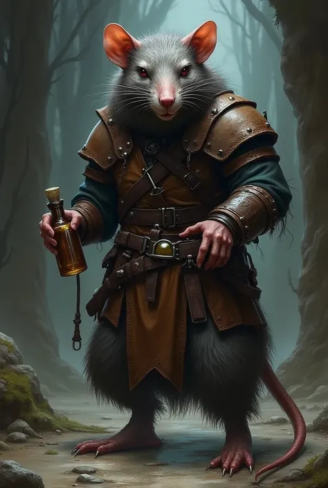 Dark fantasy ART. A ratfolk (ampotromorphic biped rat, like a huma) Wearing a leather armor and possessing a belt With potion, in your hand had a potion too. His face and pose are intimidating
