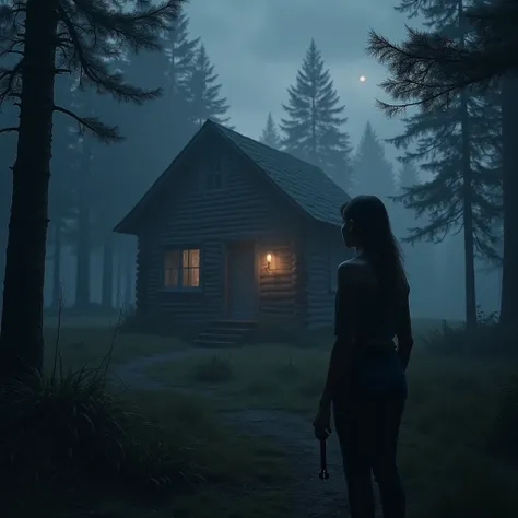 A rustic, dilapidated cabin nestled in a foggy forest at dusk. The cabin is surrounded by towering, shadowy pine trees with moss-covered walls. There’s a subtle eerie atmosphere, with the sky painted in hues of dark blue and purple, giving the scene a fore...