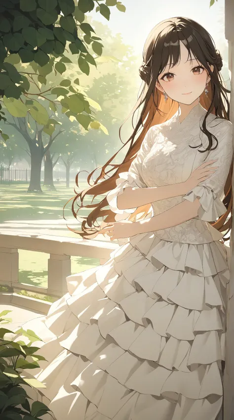 1 girl, ( cute face),  long hair, to many hairstyle,  Ruffled Dress,  Peplum Jacket ,  Pottery skin ,  medium breasts, break, 古い街並みInside, (Elegant light :1.3),  Classic Vibe , break, Beautiful park, flower々Inside, Graceful pose,  Character Focus, game cg,...