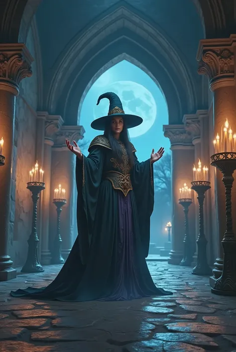 A fantasy style picture. Inside a dark castle with candles on its sides, a magician in wide hat stands against arc-shaped door, in a doorway is seen a full moon night landscape.