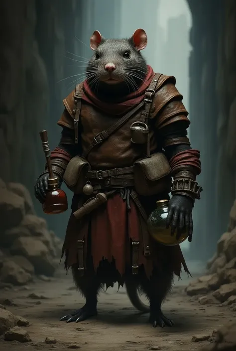 Dark Fantasy ART. A ratfolk (ampotromorphic biped rat, like a huma) Wearing a leather armor and possessing a belt With potion, in your hand had a potion too