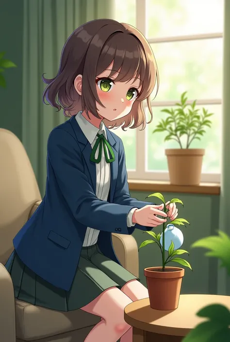 teenage girl with not so long and not so curly hair,  watering a small plant in the living room, wearing a school uniform that has a green ribbon in the neck, and a blue coat on the side, and blue skirt