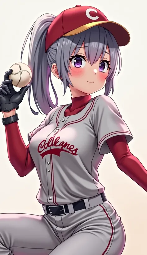  high definition 、 animation style 、Gray Hair 、 purple eyes、 girl、  College Student  、 single ponytail、Baseball player、Light Colored Clothes 、Long sleeve red underwear、 plump chest 、pitching、Gloves、Good condition