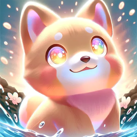  The adventures of a curious baby Shiba Inu stuffed animal、(((Little Shiba Inu catches the clean drops that come out when they reach the source of the river with their hands)))、 Breathtaking Rendering 、Sparkling Connections 、Poured Light、 Little Shiba Inu ...