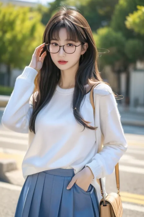 (( best quality)), ((傑 best quality、masterpiece、High sensitivity、 high definition 、詳細な描写、 Delicate Facial Description)), Slender woman、Glasses、 jumper skirt、A strong wind is blowing、Hair gets messy、 turn your skirt over 、