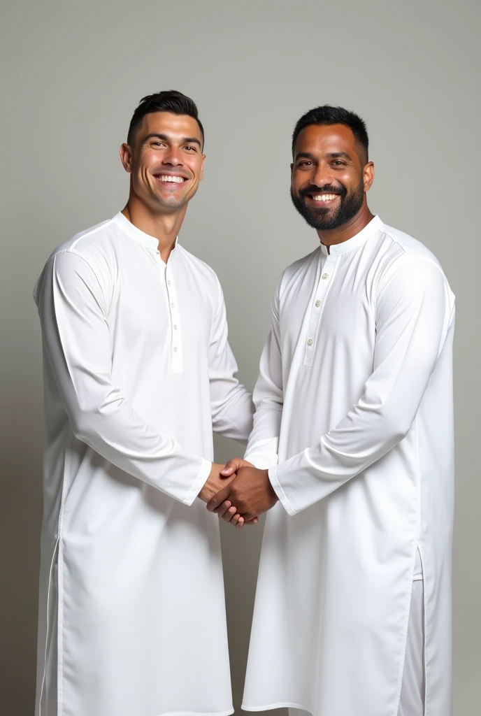 Ronaldo and mr beast (is a famous YouTuber) in white shalwar kameez shaking hand and smiling on camera