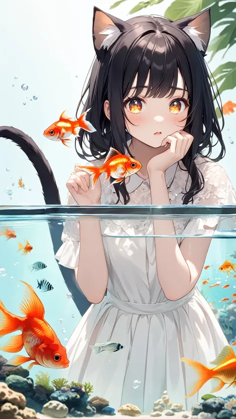 Black hair, cat ears, cat tail, aquarium, goldfish, sparkling eyes, girl gazing at aquarium