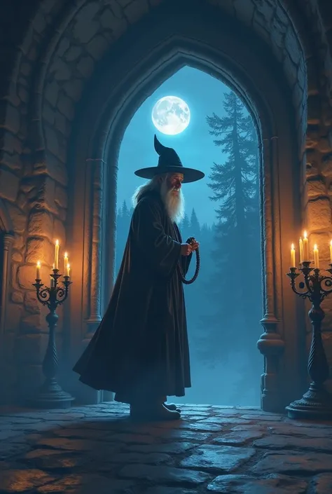 A fantasy style picture. Inside a dark castle with candles on its sides, an old male magician in wide hat stands against arc-shaped door, in a doorway is seen a full moon night landscape.