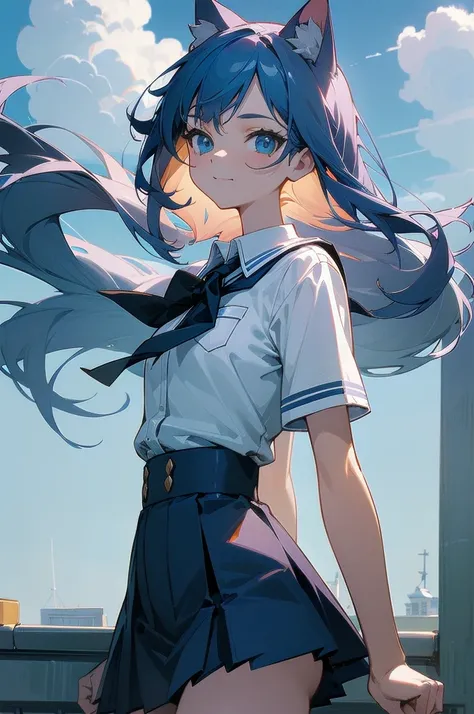 (Absurd), cute girl, upper body, slim body, perfect body, legs out of frame, cat ear, high school girl uniform, rooftop, cove, port town, [strong wind], arrogant smile, tipsy, [looking away], Expressionless,, blue sky, cloud, spectacular view