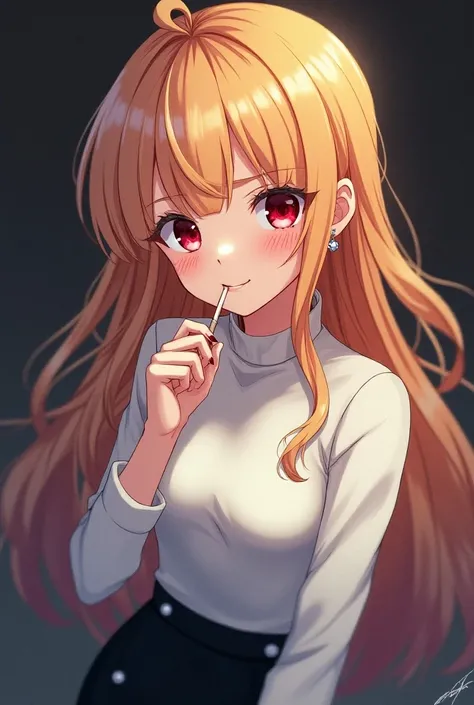 1girl, kitagawa marin, sono bisque doll wa koi wo suru, long hair, blonde hair, multicolored hair, swept bangs, red eyes, eyelashes, pink lipstick, long pink nails, silver earrings, piercings, industrial piercing, white turtleneck sweater, sleeveless, neck...