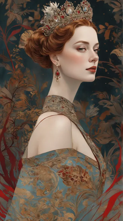 
Create a dreamy and captivating illustration of an elegant queen using chiaroscuro techniques. The queen should have short hair without bangs, and her beautiful eyes should draw the viewer in. She is adorned in a luxurious silk dress, rendered in soft yet...