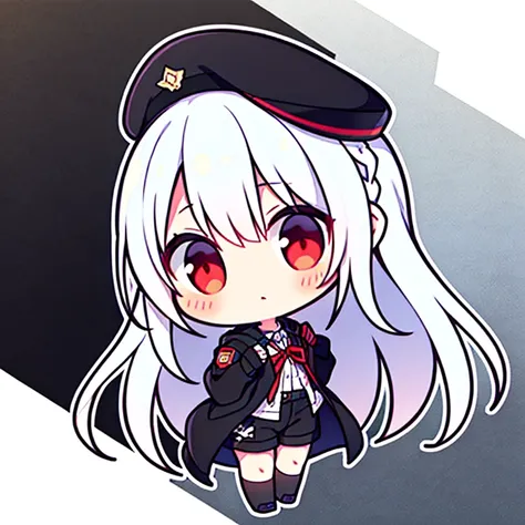 Long Hair,   Braided  , White Hair,  No emotion, black military cap , red eyes,   white shirt, Black tie,black short hoodie,   1 girl, black socks