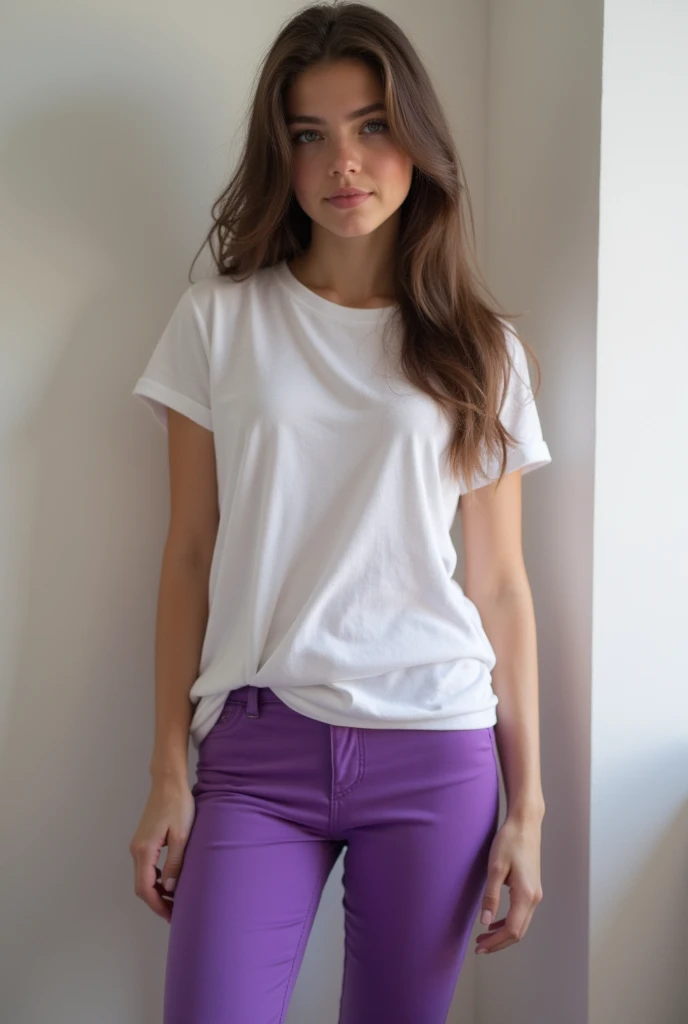 Generate a picture of a cute seductively looking teenage girl of around 18 years old full body in purple tight trousers and white t-shirt