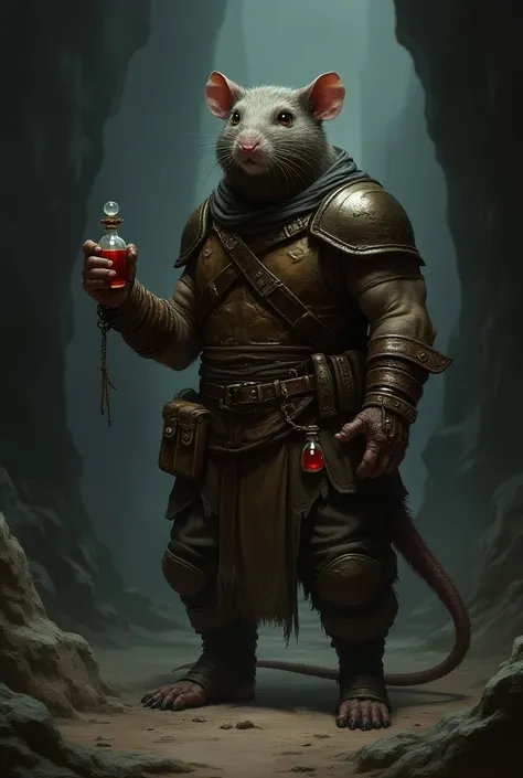 Dark Fantasy ART. A ratfolk (ampotromorphic biped rat, like a huma) Wearing a leather armor and possessing a belt With potion, in your hand had a potion too