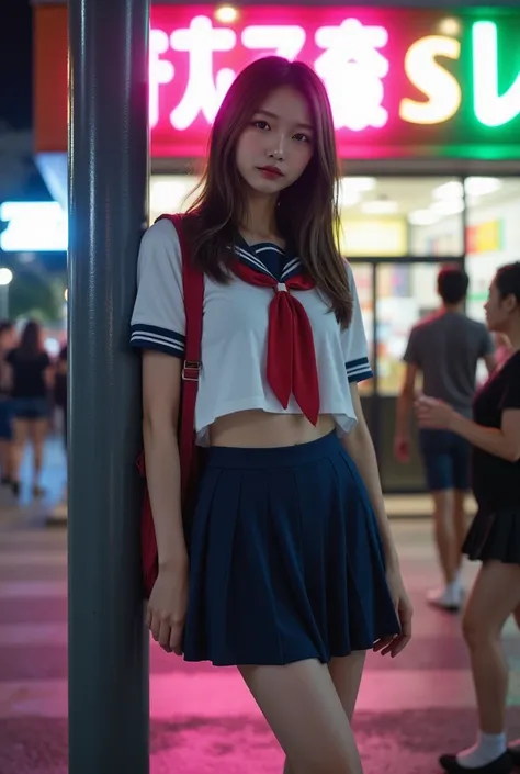 Perfect composition, Proper placement, Golden Ratio, masterpiece,  best quality, Front View:1.331,   beautiful Japanese woman 、 standing in front of a convenience store  , 10th generation women,   The pink and green neon light is reflected in front of the ...