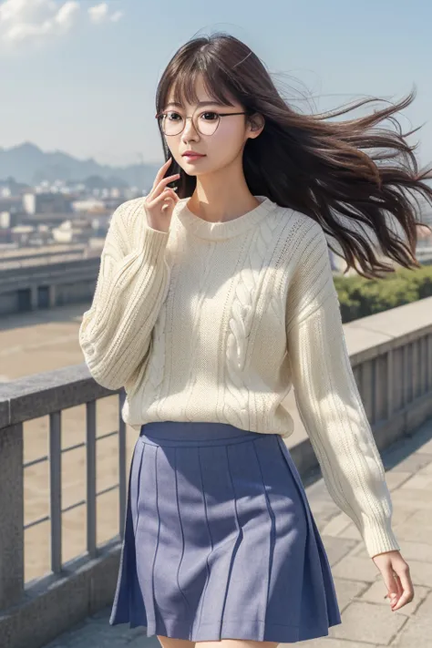 (( best quality)), ((傑 best quality、masterpiece、High sensitivity、 high definition 、詳細な描写、 Delicate Facial Description)), Slender woman、Glasses、 jumper skirt、A strong wind is blowing、Hair gets messy、 turn your skirt over 、