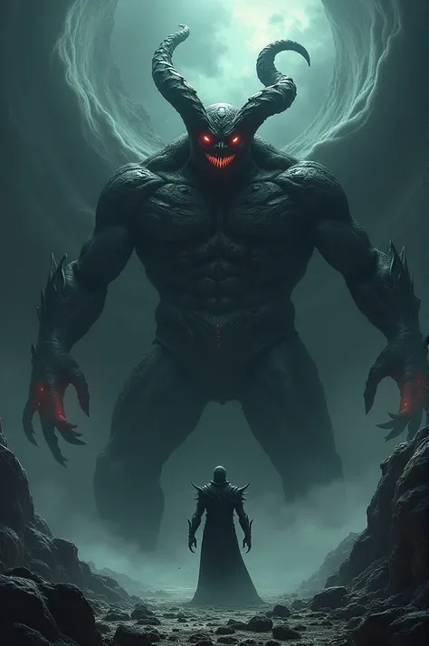 Devil guardian in front of a sealed door to hell, Dark theme 