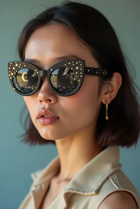 The model is wearing glass sunglasses with stars and the moon on the glass