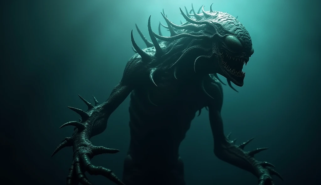 a terrifying alien creature underwater, high contrast cinematic lighting, photorealistic, intricate details, subconscious mystery, dark and moody atmosphere, hyper detailed, 8k, best quality