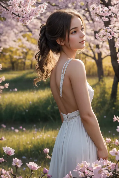  A portrait photo,a beautiful young girl ,She nude, marveling at the delicate beauty of a small, vibrant purple wildflower being gently presented by a graceful woman. The suns golden rays cast a warm glow over the scene, illuminating the intricate details ...