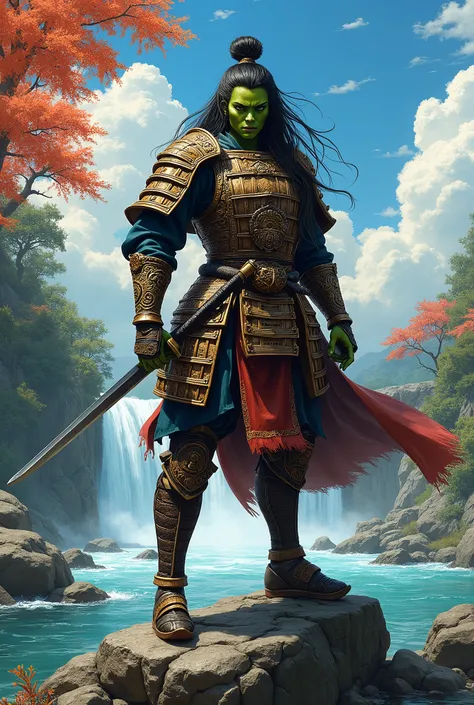 In RPG style, in style of Dungeons & Dragons, in style of fantasy painting. Full body view, looking at the viewer. image of a Female half-orc, Samurai with katana and Samurai Armor, Greenish skin. standing with one foot on a rock, looking at the viewer, ja...