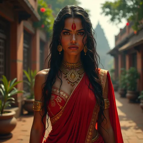 violent looking woman named Draupadi in traditional red Indian dress with red bindi on head, standing on a street with temples and shady trees on the side of the road, flat, worn face with fierce expression, ancient temple and garden in the background, dra...