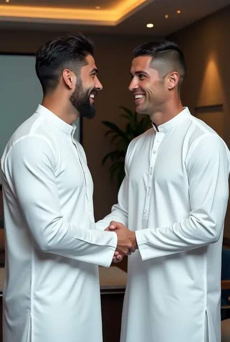 Mr Beast( real face) and ronaldo shaking hand and smiling on camera in white shalwar kameez 