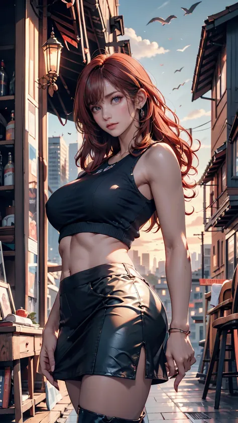 (( Best Illustration )) Brazilian Girl, Red Hair,   Teenage Body  , Black Top,  Black Tight Skirt ,  black boots, Cityscape,  Building,  skyline, sunset, Silhouette reflected in the clouds, Contemplative.  