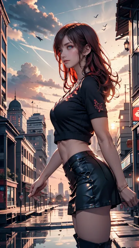 (( Best Illustration )) Brazilian Girl, Red Hair,   Teenage Body  , Black Top,  Black Tight Skirt ,  black boots, Cityscape,  Building,  skyline, sunset, Silhouette reflected in the clouds, Contemplative.  