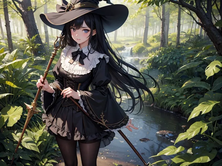  masterpiece,  Best quality , high resolution,  beautiful detailed eyes ,  extremely detailed face, Detailed CG, 1 girl; standing, Holds a wizards staff with his hand,  seen from above ,  watching the spectator ,  long black hair , black eyes,  impossible ...