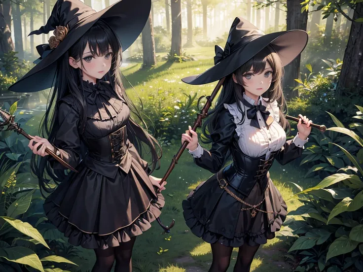  masterpiece,  Best quality , high resolution,  beautiful detailed eyes ,  extremely detailed face, Detailed CG, 1 girl; standing, Holds a wizards staff with his hand,  seen from above ,  watching the spectator ,  long black hair , black eyes,  impossible ...