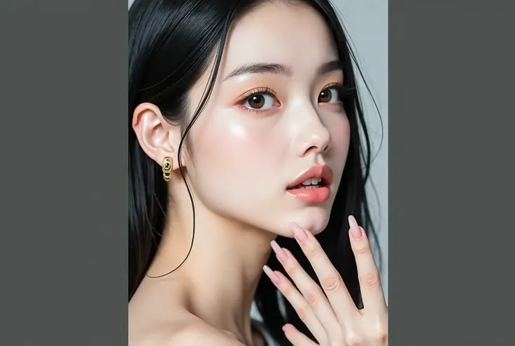  cute young woman like a Korean idol　 wearing small gold earrings 　 Black hair and wet styling 　 pink beige lips and makeup high image quality 　Gloss like real skin 