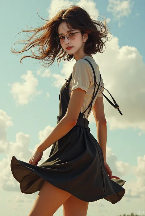 (( best quality)), ((傑 best quality、masterpiece、High sensitivity、 high definition 、詳細な描写、 Delicate Facial Description)), Slender woman、Glasses、 jumper skirt、A strong wind is blowing、Hair gets messy、 turn your skirt over 、