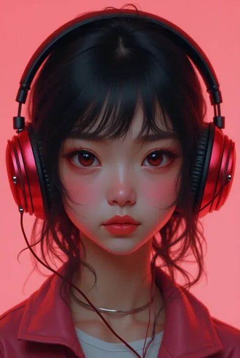 A cutie listening to feverish music wearing red and pink headphones, texture, realistic,