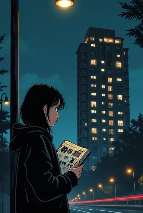 A manhwa-style nighttime scene of an upscale neighborhood in Seoul, featuring Mingyu’s modern apartment building with warm lights glowing from the windows. Hirai a korean suspicious woman wearing her black hoodie, hides behind a lamppost and clutches a not...