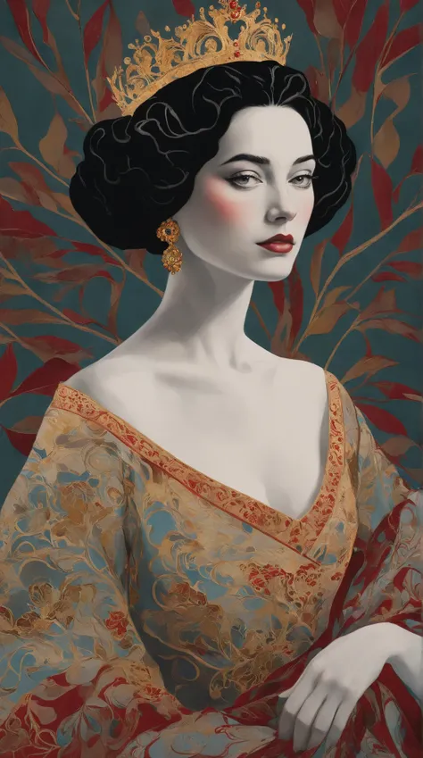 
Create a dreamy and captivating illustration of an elegant queen using chiaroscuro techniques. The queen should have short hair without bangs, and her beautiful eyes should draw the viewer in. She is adorned in a luxurious silk dress, rendered in soft yet...