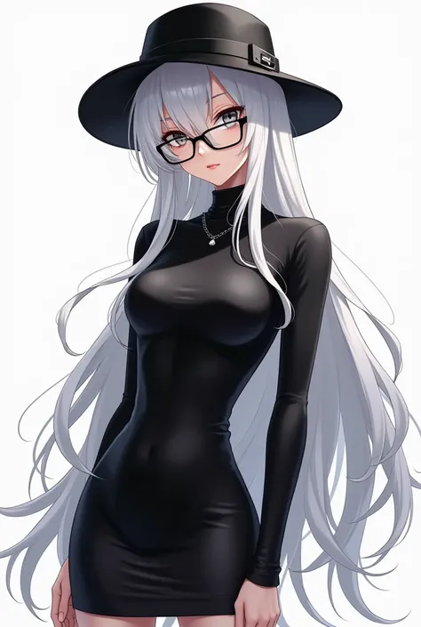 White long-haired anime girl wearing black racer dress wearing glasses wearing black hat