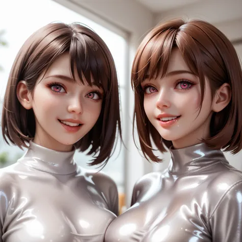 2 girls, extremely tight shiny silver latex sweatshirt, langes Haar, Bangs,  BROWN HAIR,  seductive smile , Lens reflection, Reflected light, Are in the apartment, Make-up,Breasts, saliva, salivafluss, salivaspur, Spiral eyes, 