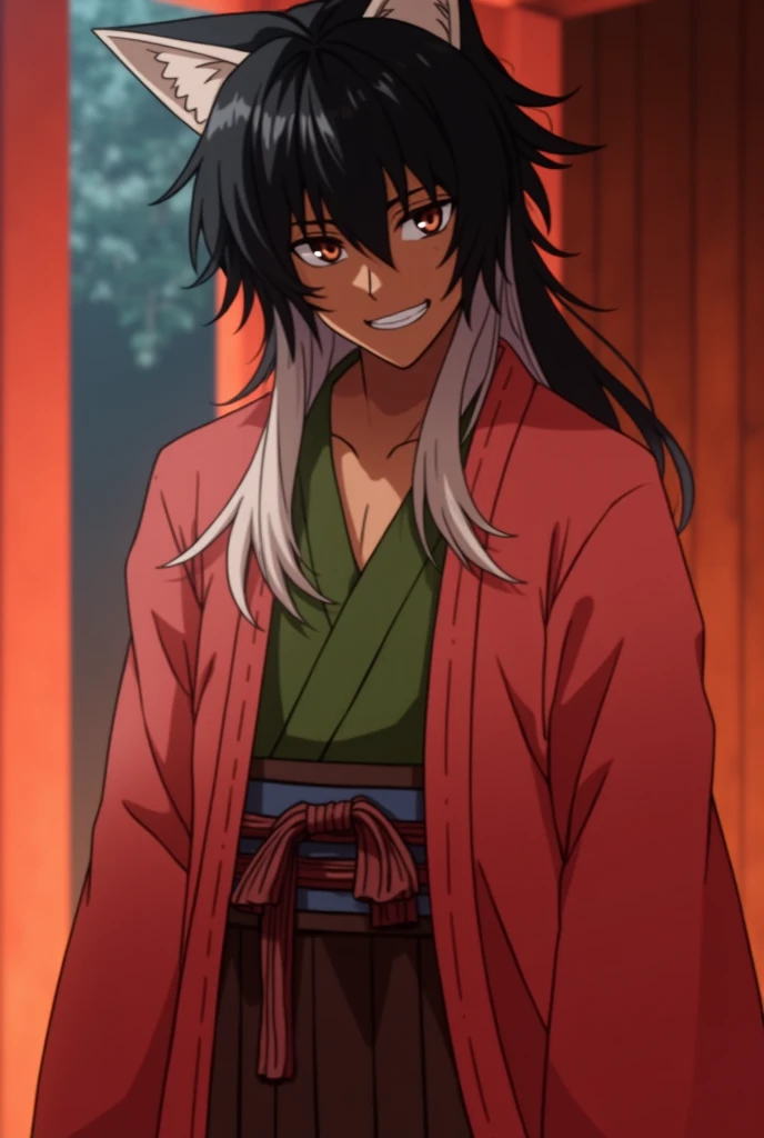 Kistune male with long white hair, have fox white ear, vertical eyes,golden, sly smile with fangs, wears a red open kimono, is in front of a shrine that looks abandonned, has 7 fox tails. 